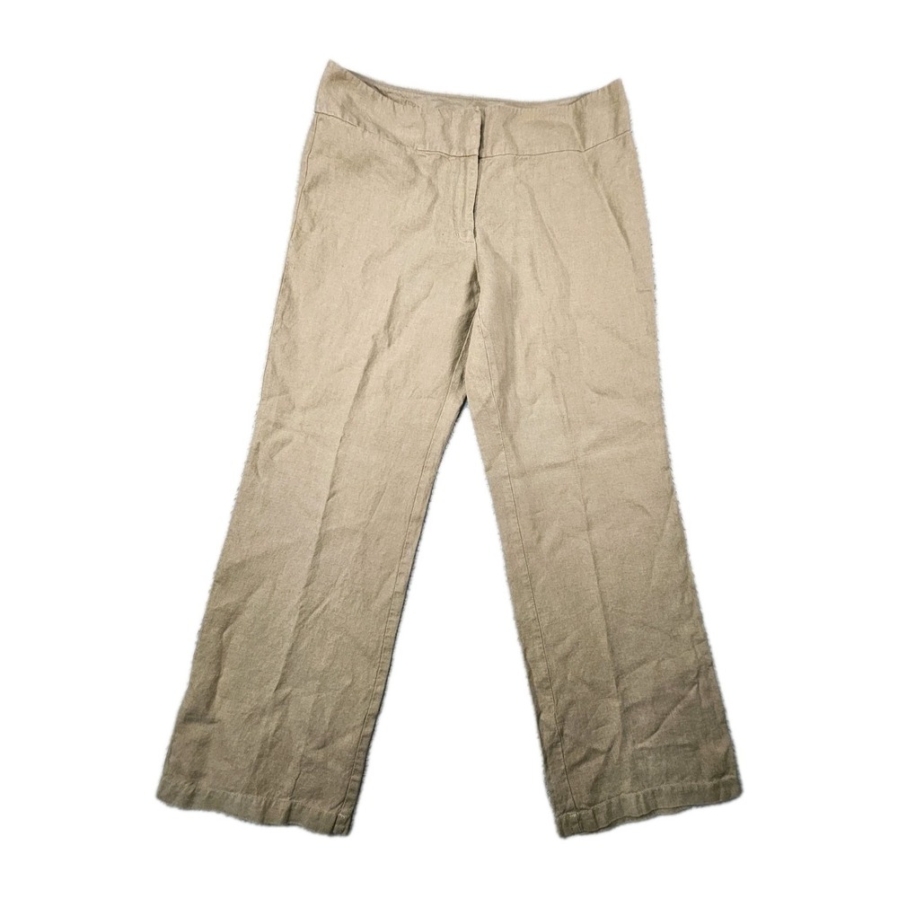 Eileen Fisher 100% Linen Pants Womens 12 Khaki Flax Zip Fly Wide Leg‎ Eco Earthy